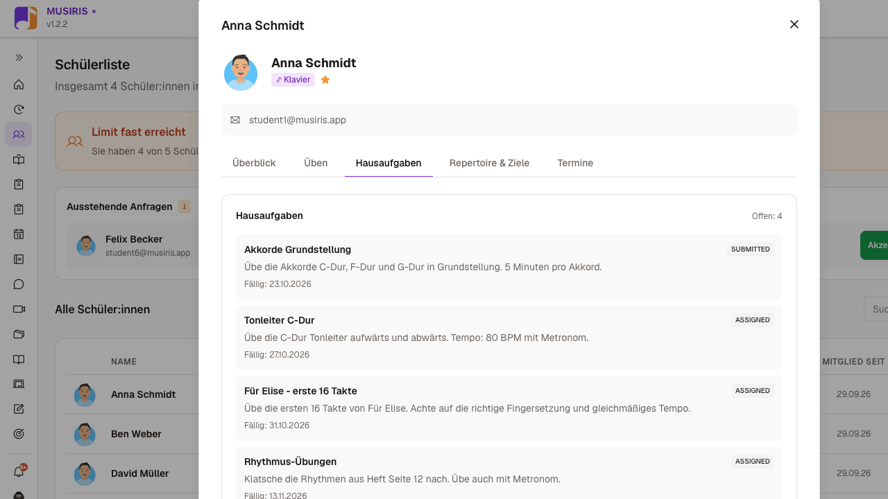 Student detail in MUSIRIS: homework with status and due date